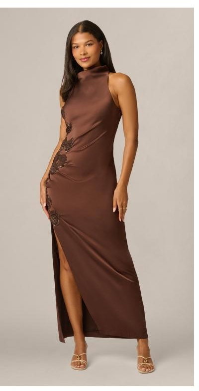 Satin Beaded Soutache Cowl Halter Gown In Espresso