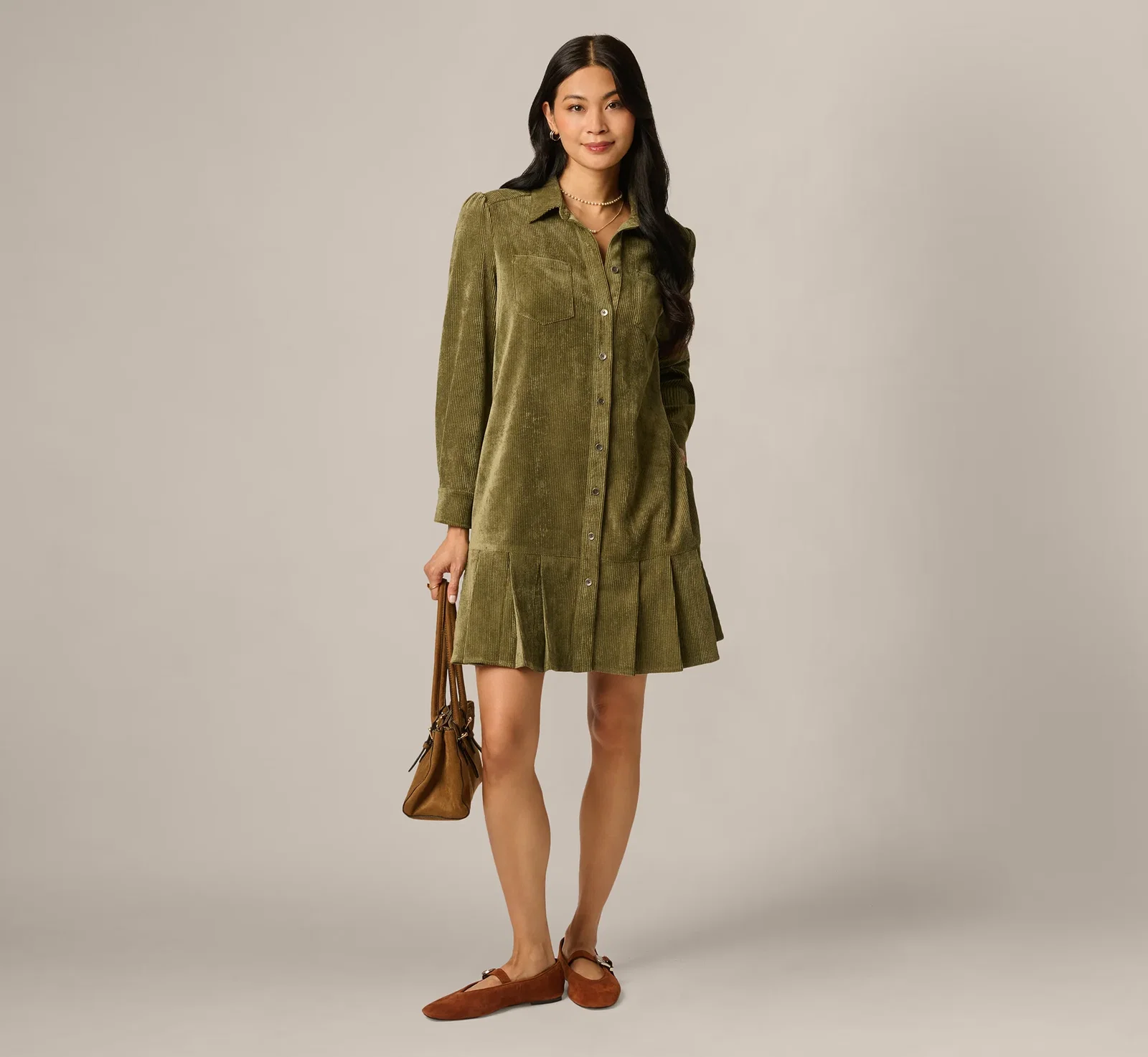 Image of Long Sleeve Corduroy Pleated Hem Hailey Dress In Olive