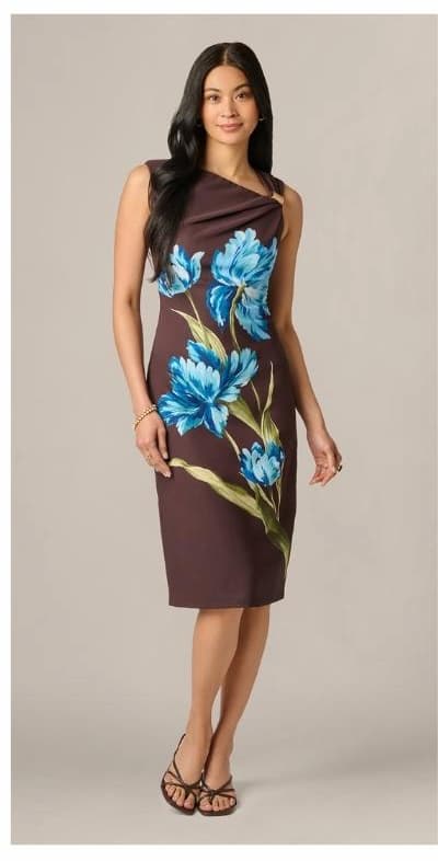 Asymmetrical Floral Printed Stretch Crepe Midi Dress In Brown Multi