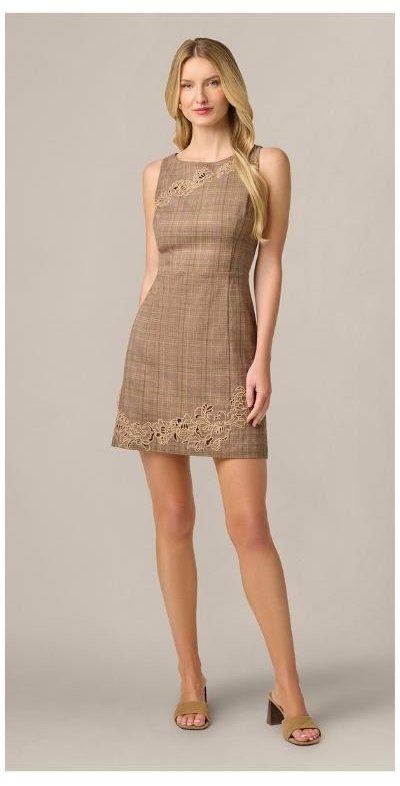 Metallic Plaid Floral Embroidered Short Dress In Brown Multi
