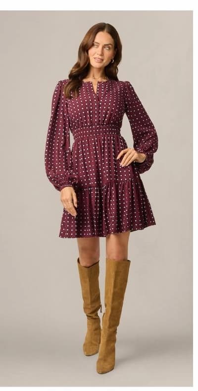 Long Sleeve Geo Printed Short Sophia Dress In Cherry Multi