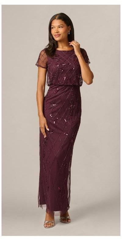 Short Sleeve Lattice Floral Beaded Blouson Gown In Night Plum