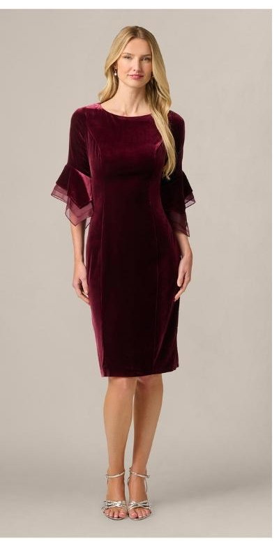 Velvet Sheath Dress With Tiered Three Quarter Sleeves In Dark Brown