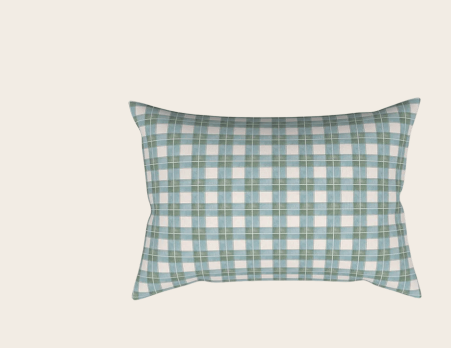Green, Blue, and Ivory Traditional Plaid Pattern Rectangular Pillow