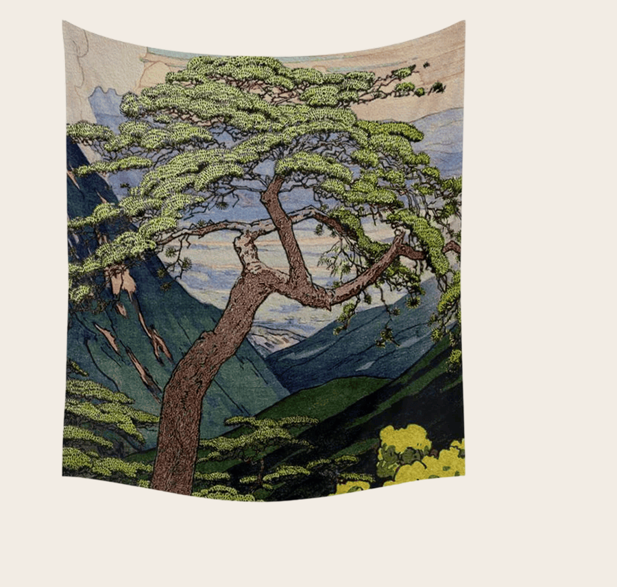 The Downwards Climbing - Summer Tree & Mountain Ukiyoe Nature Landscape in Green Wall Tapestry