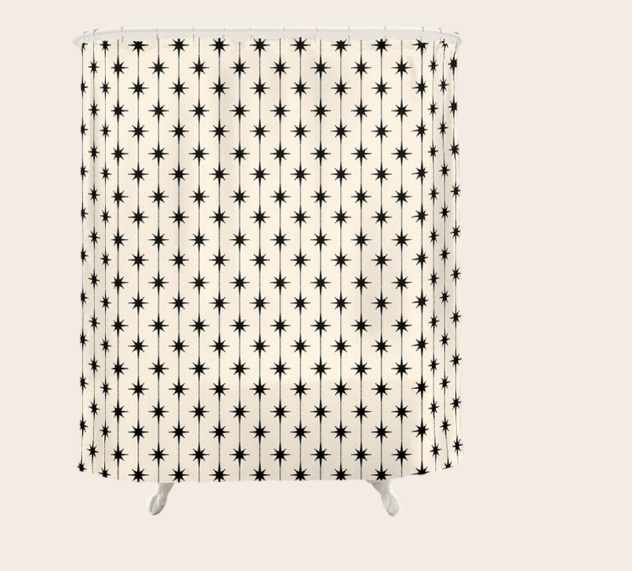Midcentury Stars and Dots Classic Pattern in Black and Almond Cream Shower Curtain