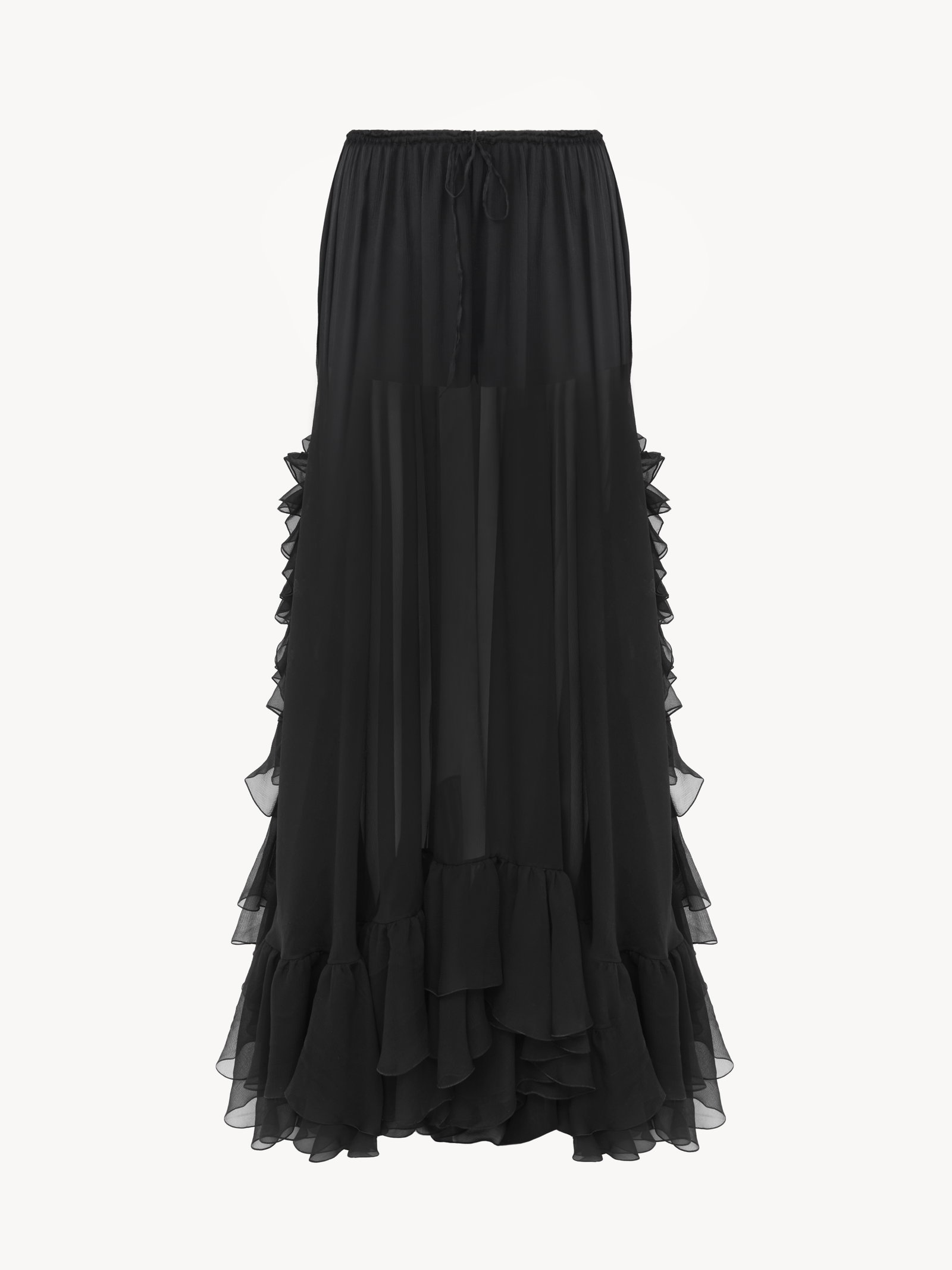 Ruffled long skirt in silk mousseline