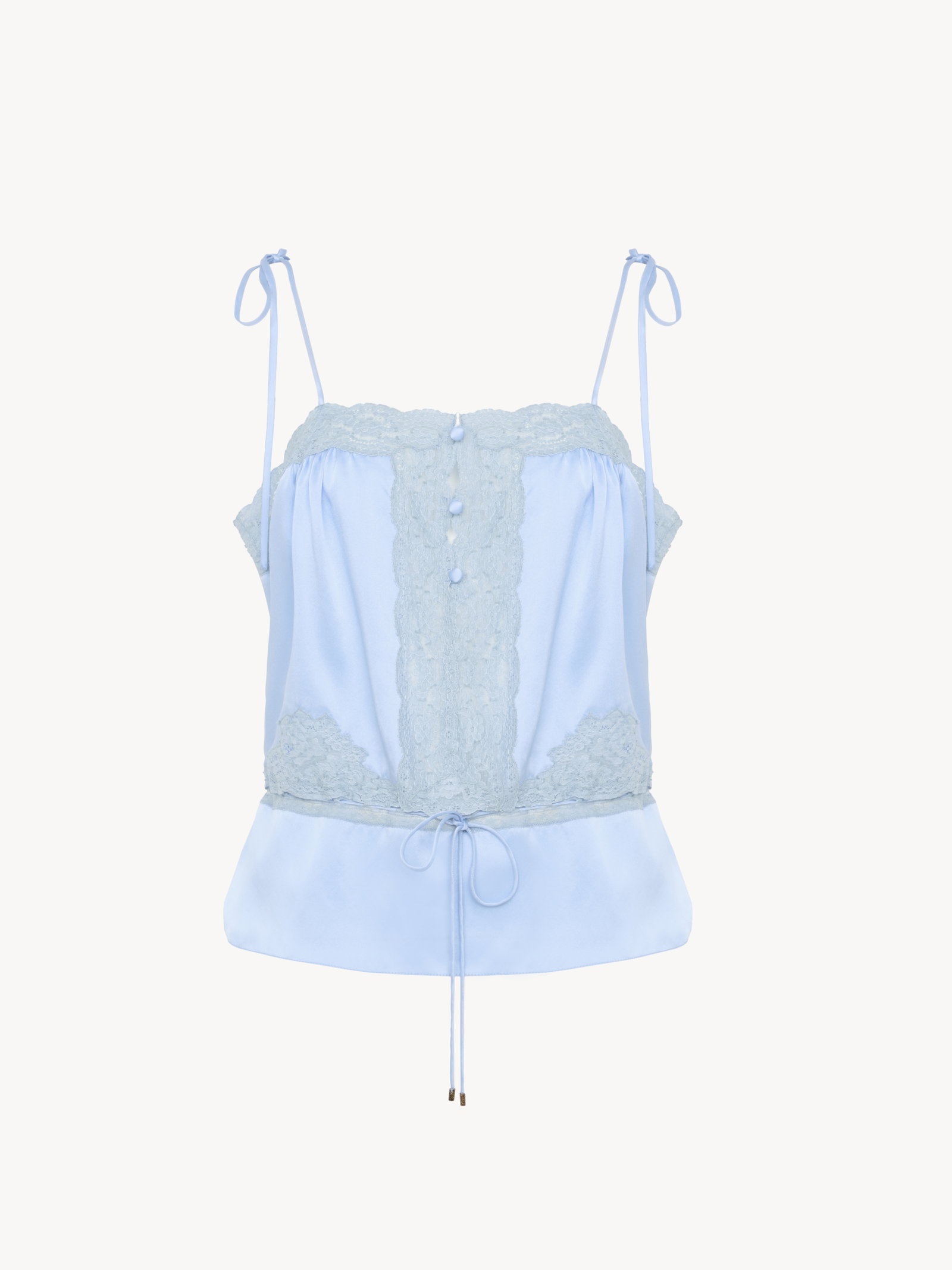 Drawstring camisole top in washed silk satin & lace