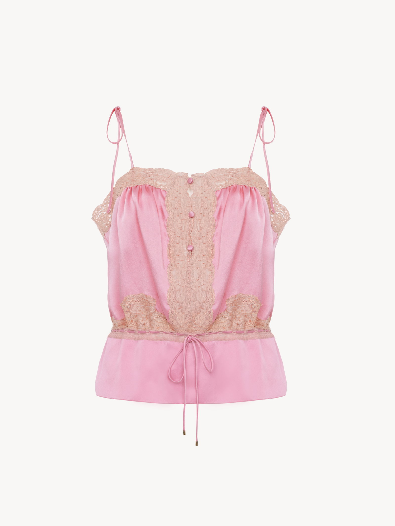 Drawstring camisole top in washed silk satin & lace