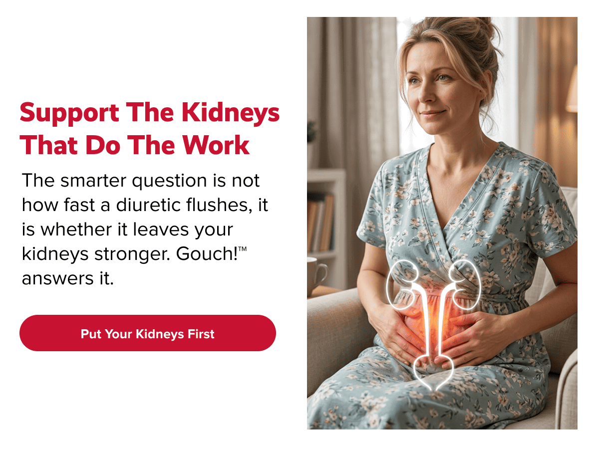 Support the kidneys that do the work | The smarter question is not how fast a diuretic flushes, it is whether it leaves your kidneys stronger. Gouch!™ answers it. | Put Your Kidneys First