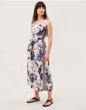 Nicolette Floral Linen Blend Midi Dress Blue
