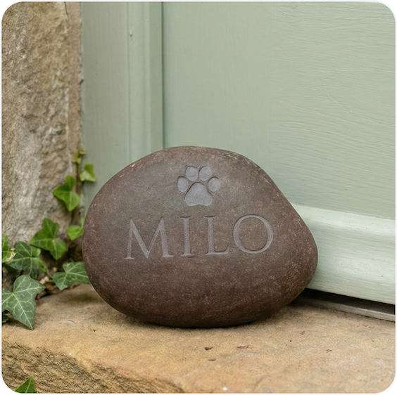 A natural stone pebble engraved with a paw print and the name Milo, resting on a stone doorstep with ivy in the background