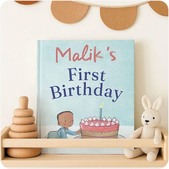 A personalised first birthday story book with the name Malik on the cover, displayed on a shelf with a stacking toy and stuffed rabbit