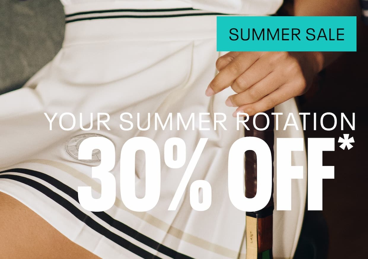 Close-up of Reebok apparel and a tennis racket. Text reads: “SUMMER SALE. Your summer rotation. 30% OFF.”