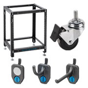 Workshop stand, casters and hooks
