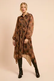 Neutral Animal Hanky Hem Printed Chiffon Shirt Dress