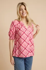Pink Check Puff Sleeve Overhead Blouse