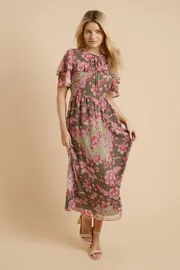 Green Patchwork Flutter Sleeve Frill Yoke Printed Chiffon Midaxi Dress