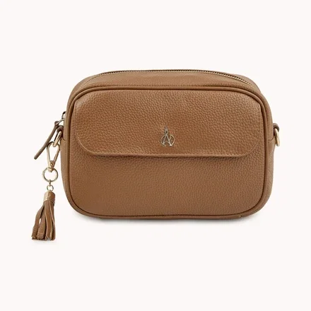 'HACKNEY' Tan Pebble Grain Real Leather Crossbody Bag