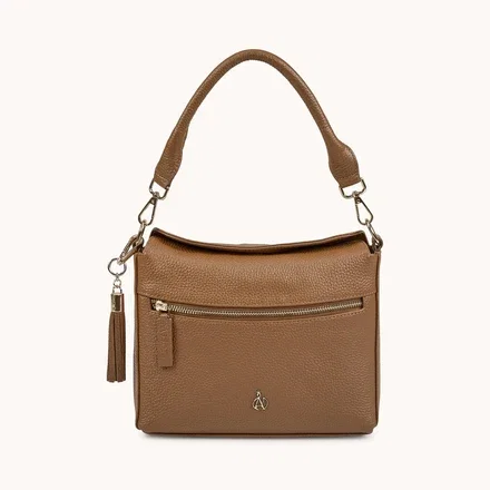 'FIONA' Tan Pebble Grain Real Leather Shoulder Bag
