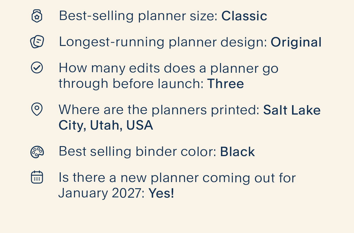 Behind the Scenes. Best-selling planner size: Classic Longest-running planner design: Original How many edits does a planner go through before launch: Three Where are the planners printed: Salt Lake City, Utah, USA Best selling binder color: Black Is there a new planner coming out for January 2027: Yes! 
