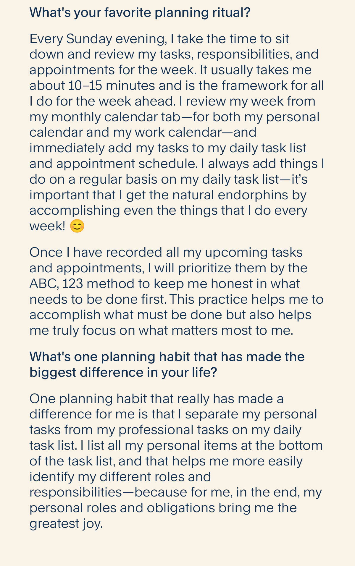 I have been a Franklin Planner user for almost 40 years now! I even had the privilege of being trained by Hyrum Smith himself, and I still plan and use the planner as he trained it. So, the first thing I write in my planner each week is P&S. It stands for 