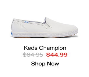 A side view of the Keds Champion Leather Slip-On in white which was $64.95 and is now $44.99 for a limited time. Shop Now.