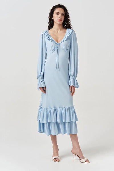Melina Crepe Ruffle Hem Midi Dress