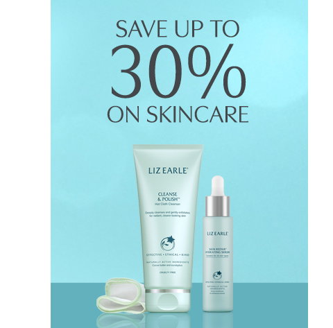 Save up to 30% on skincare. Liz Earle Cleanse & Polish Hot Cloth Cleanser and Skin Replenish Hydrating Serum.