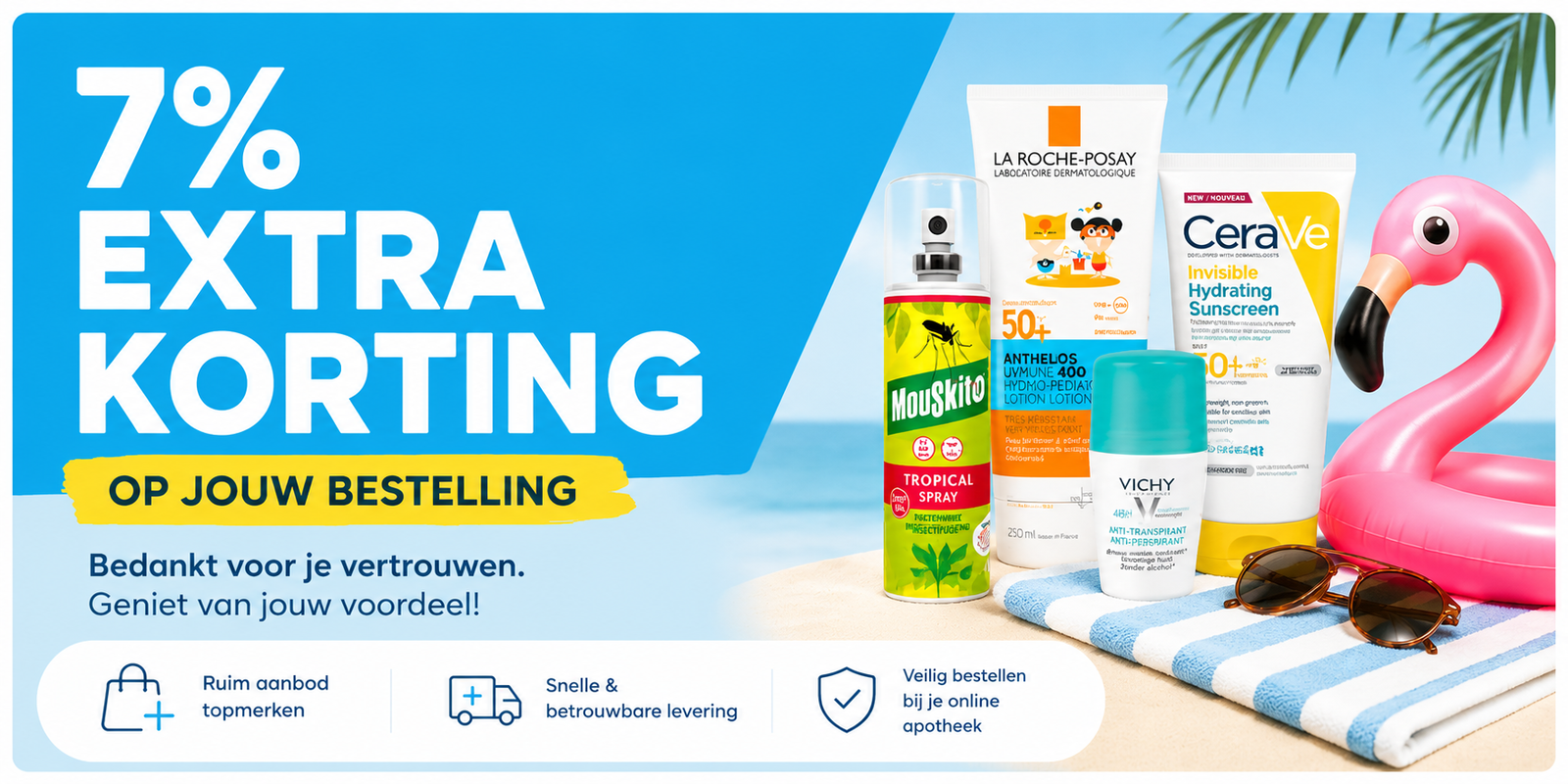 7% extra discount banner showing beach scene with sunscreen, mosquito spray, sunglasses, towel and pink inflatable flamingo.
