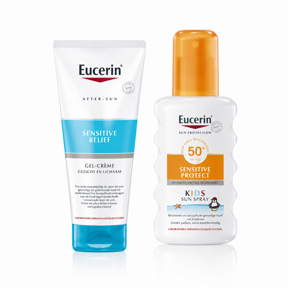 Two Eucerin products: After-Sun Sensitive Relief gel-cream and SPF50+ Sensitive Protect Kids sun spray with orange cap on white background