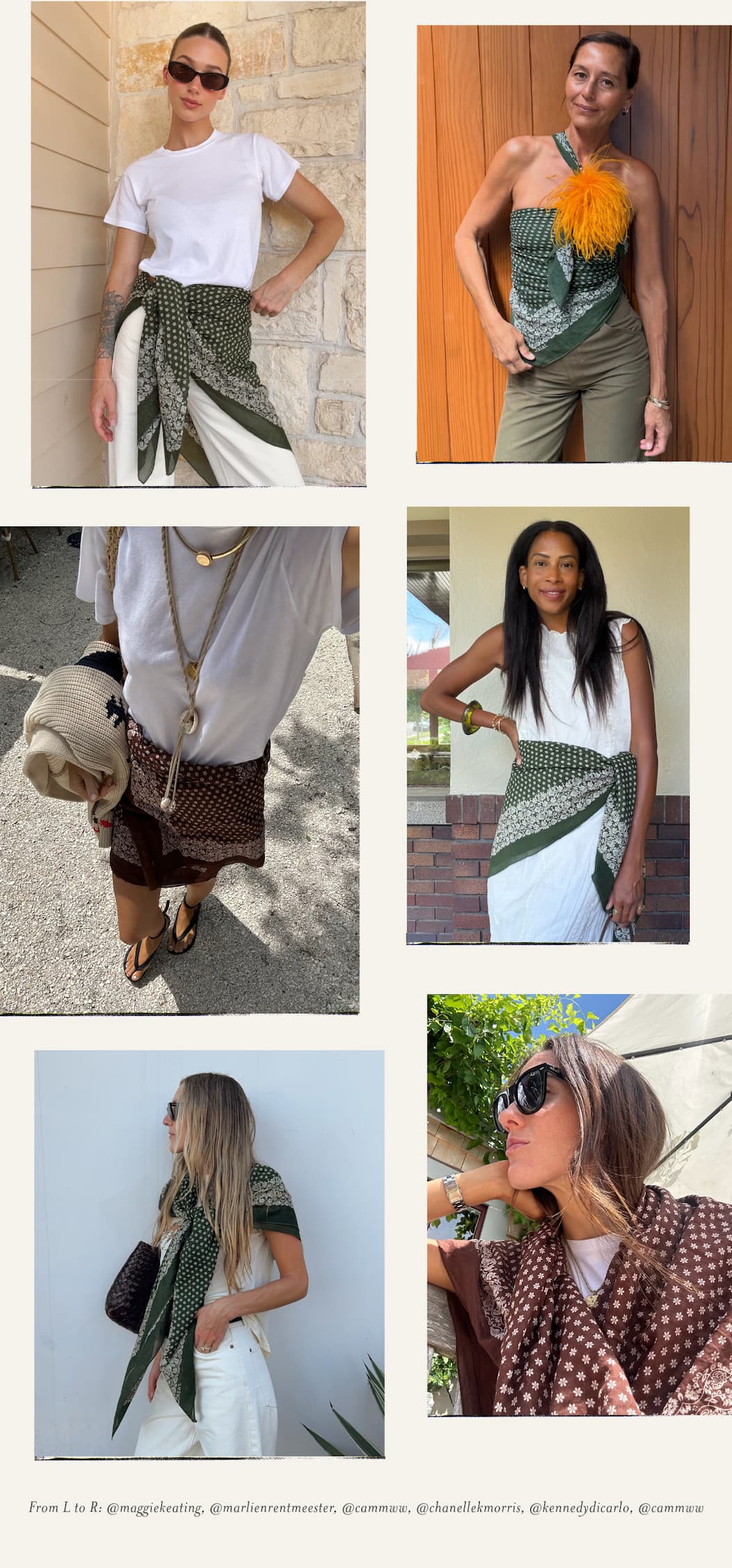 Collage of six user-generated photos showing different ways to style The Big Bandana. Looks include wrapping it at the waist over dresses, pants, and skirts, tying it as a halter-style top, draping it over the shoulders as a scarf, and layering it with casual summer outfits. Featured in olive green and rich brown vintage-inspired prints. A caption credits the featured creators.