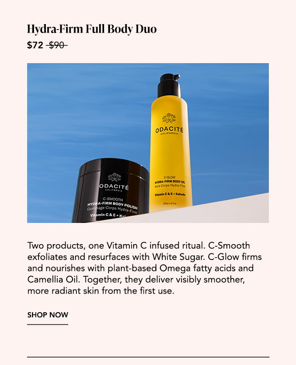 C-Smooth Hydra-Firm Body Polish and C-Glow Hydra-Firm Body Oil against a blue background; the vitamin C body-care duo is now $72.