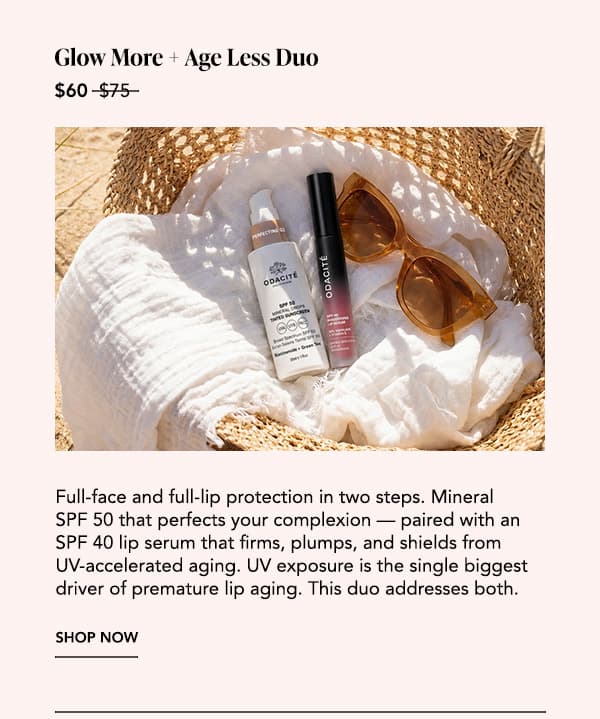 SPF 50 Tinted Mineral Drops and SPF 40 Nourishing Lip Serum arranged with sunglasses in a beach bag; the duo is now $60.