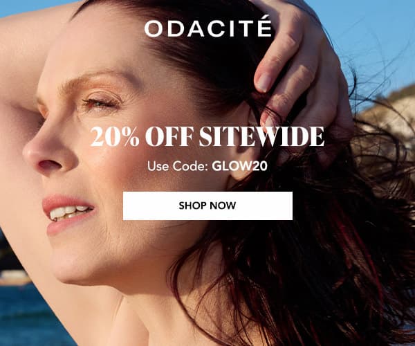 Woman with glowing skin relaxing by the water, promoting 20% off sitewide with code GLOW20.