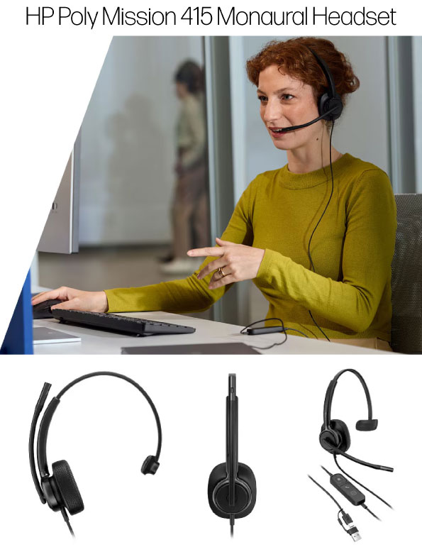 HP Poly Mission 415 Monaural Headset worn by female office worker