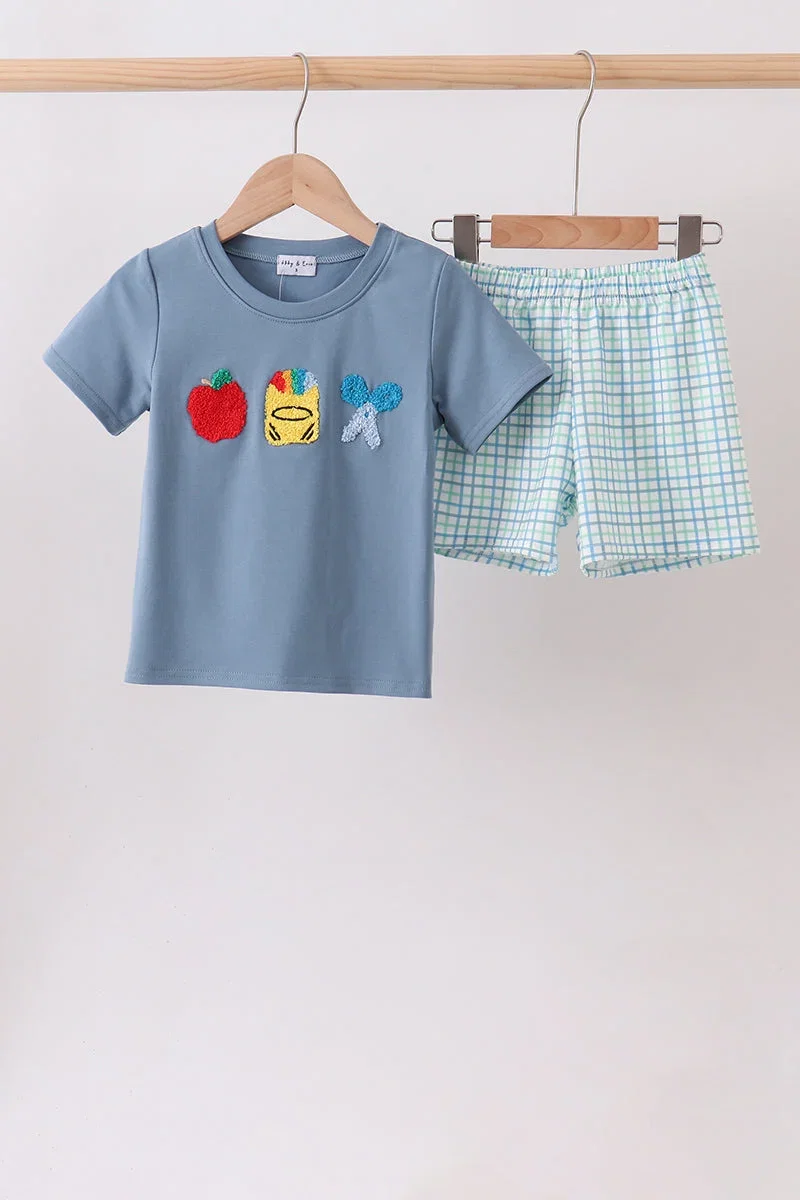 Image of Blue Apple Crayon French Knot Plaid Shorts Set