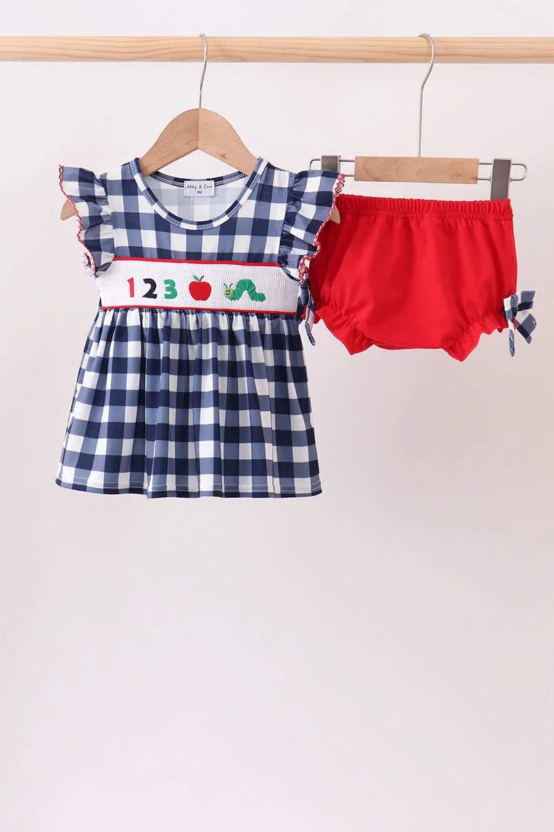 Image of Navy Apple Smocked Gingham Bloomer Set