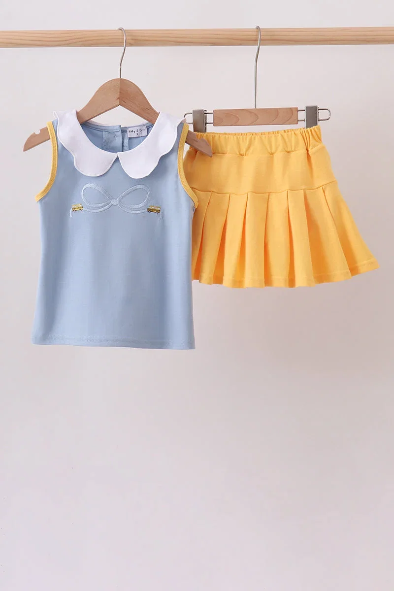 Image of Blue bus bow embroidery ruffle skorts set