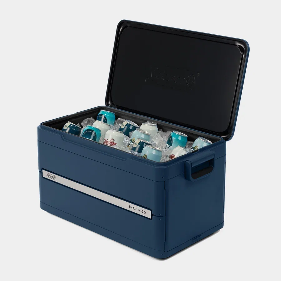 Navy Coleman cooler with the lid open showing cool drinks surrounded by ice.