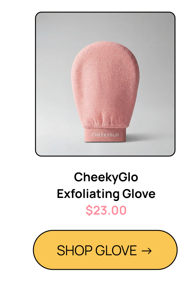 CheekyGlo pink Exfoliating Glove on grey background, labelled with reduced rate of 23
