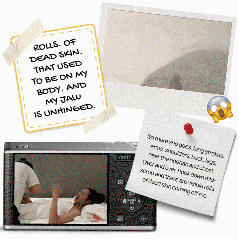 Polaroid and camera screen showing rolls of dead skin being removed during a bathhouse scrub treatment