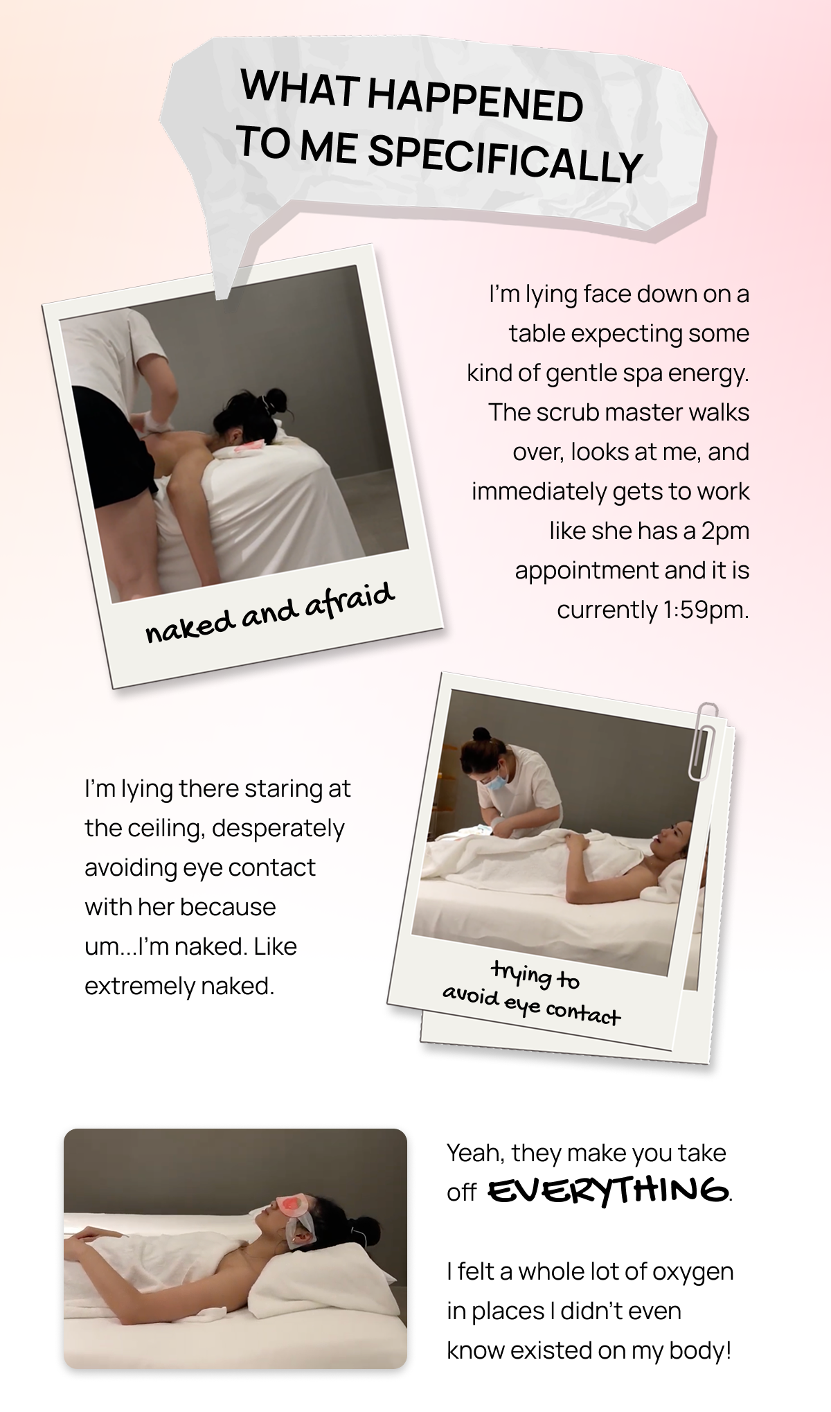 Three polaroid photos of Jess lying on a treatment table during a full body scrub at a Chinese bathhouse