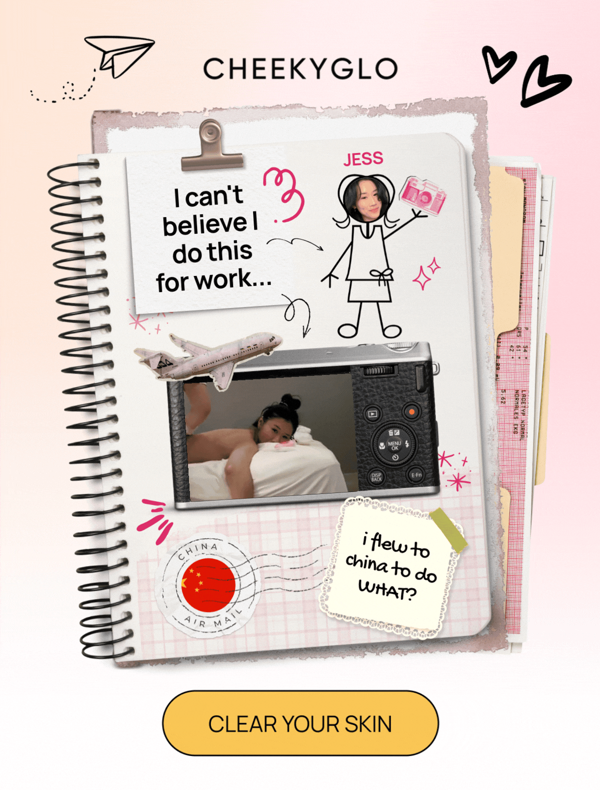 CheekyGlo scrapbook cover with Jess's photo, camera, airplane sticker, China airmail stamp, and handwritten notes