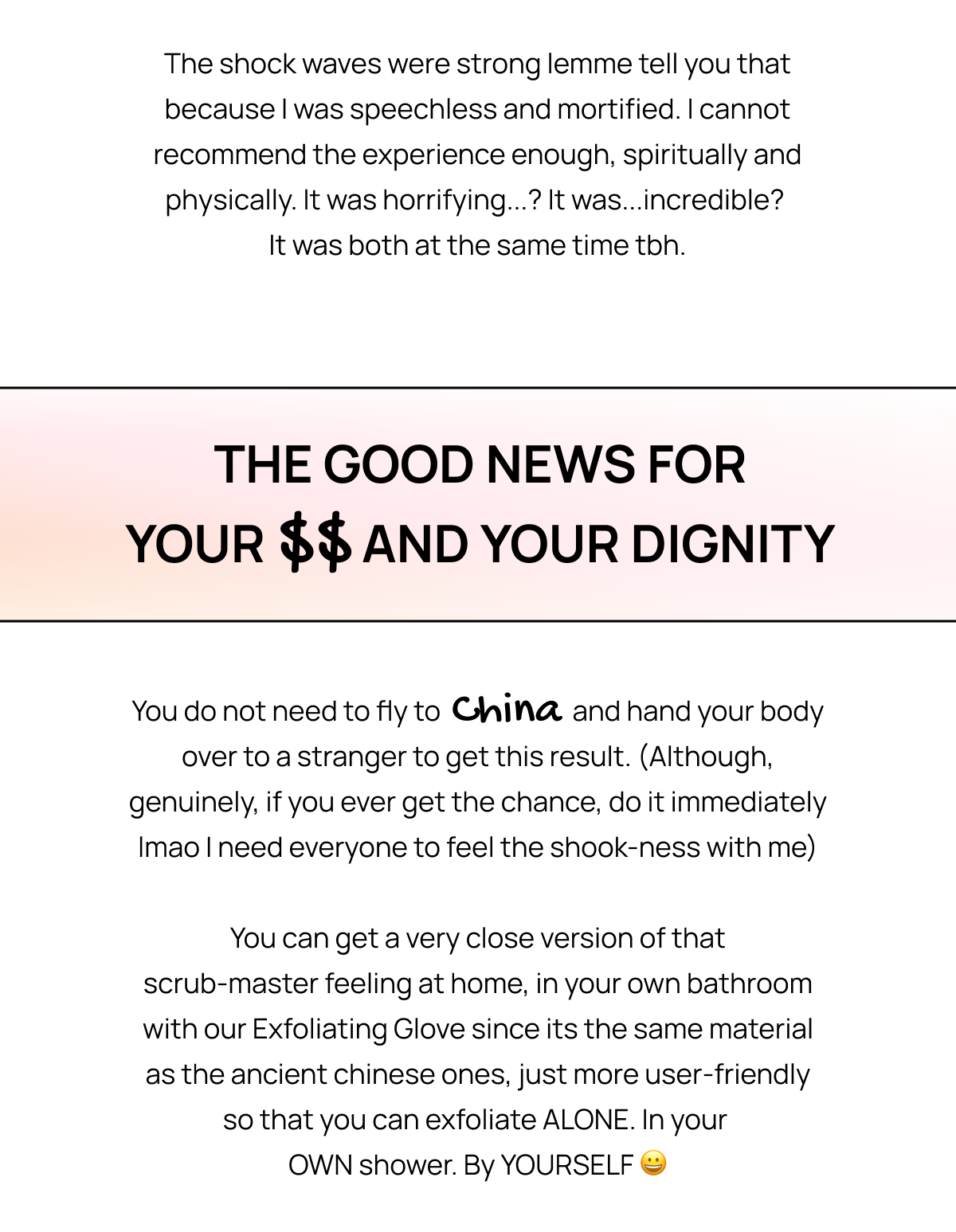 White page with bold heading about saving your wallet and dignity, with copy about CheekyGlo Exfoliating Glove at home