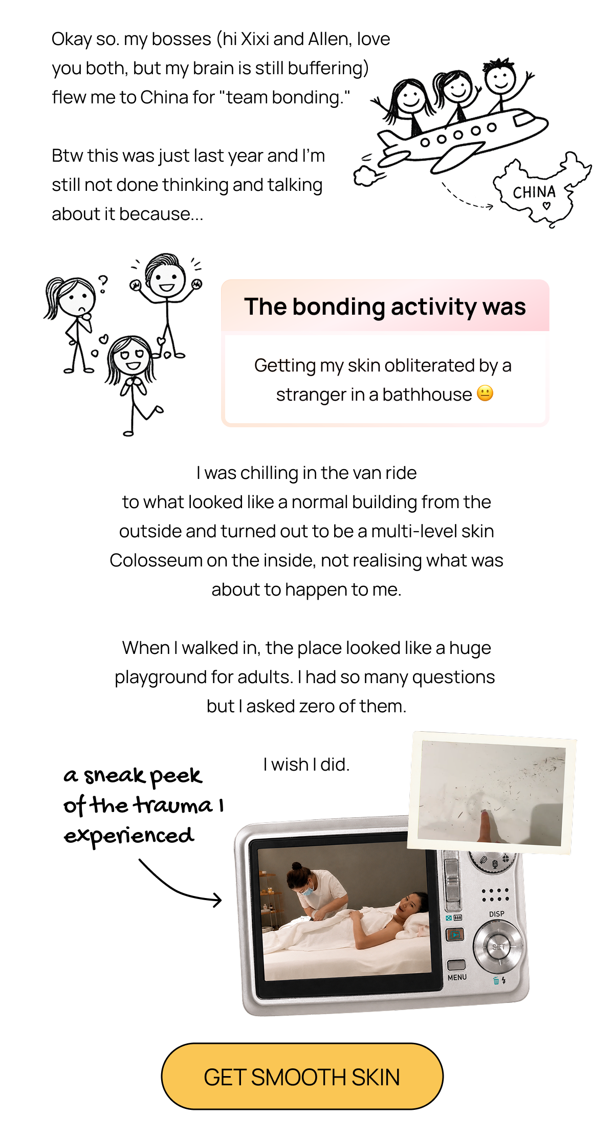 Scrapbook page with stick figures, handwritten story about a Chinese bathhouse visit, and photos of a spa treatment