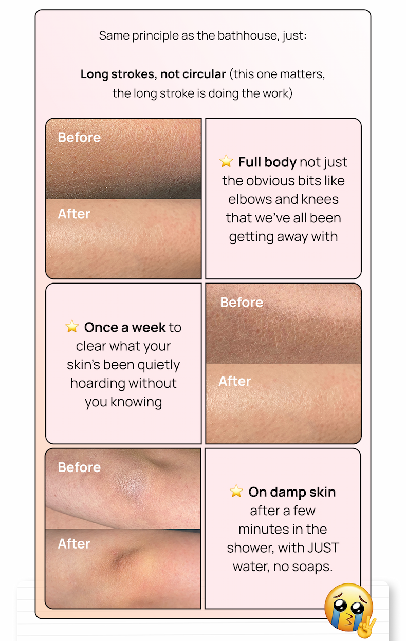 Before and after skin texture comparison photos showing smoother skin after using an exfoliating glove with long strokes