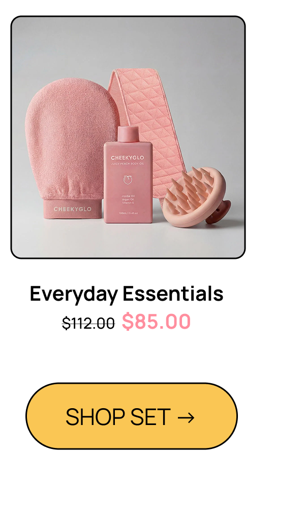 CheekyGlo Everyday Essentials set with glove, body oil, back strap, and scalp massager, reduced from 112 to 85