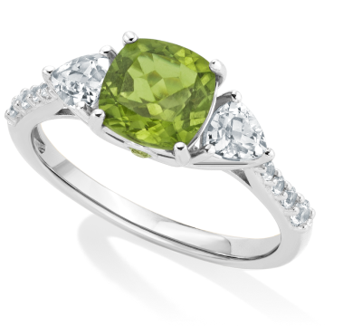 A three stone ring with a green peridot center gemstone and diamond side stones.