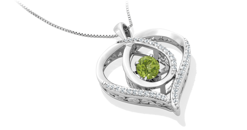 A diamond accented pendant with green peridot gemstone in an open heart design.